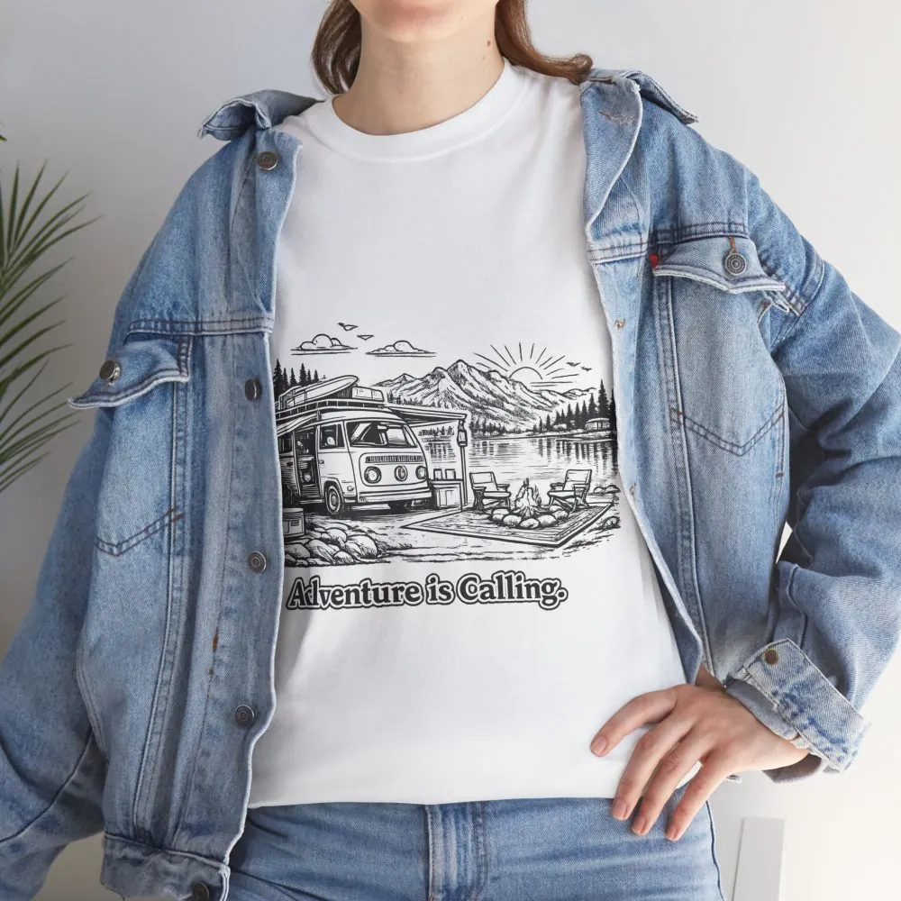 Unisex Heavy Cotton Tee — "Adventure Is Calling" Design Minimal-Line