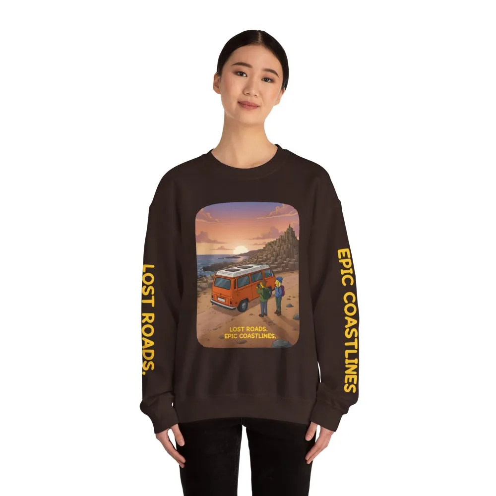 Unisex Heavy Blend™ Crewneck Sweatshirt — "Lost Roads Epic Coastlines" Design Sitcom-Line