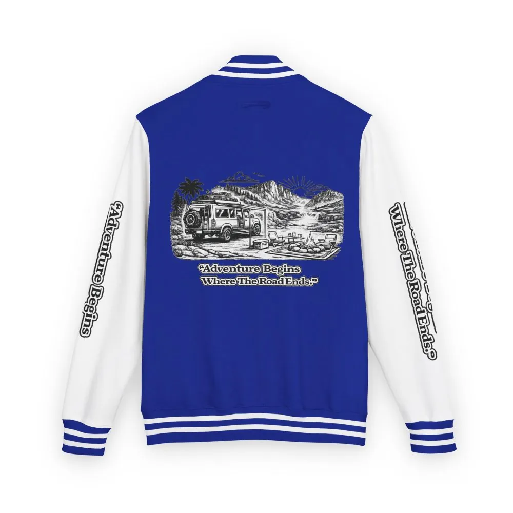 Unisex Heavyweight Letterman Jacket — "Adventure Begins Where The Road Ends" Travel Varsity Coat