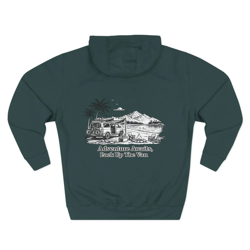 Three-Panel Fleece Hoodie - "Adventure Awaits,Pack Up The Van" Design Minimal-Line