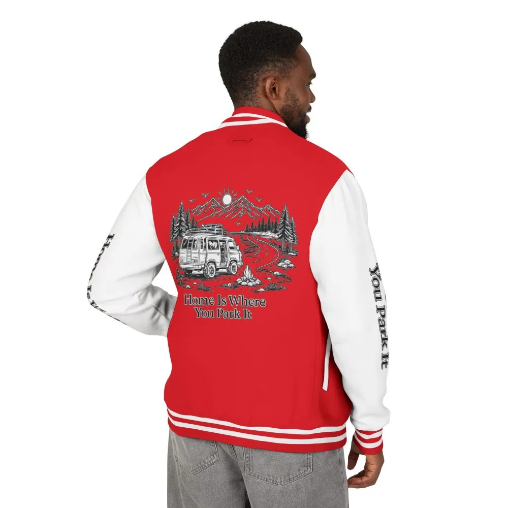 Unisex Heavyweight Letterman Jacket — "Home Is Where You Park It" Travel Varsity Coat