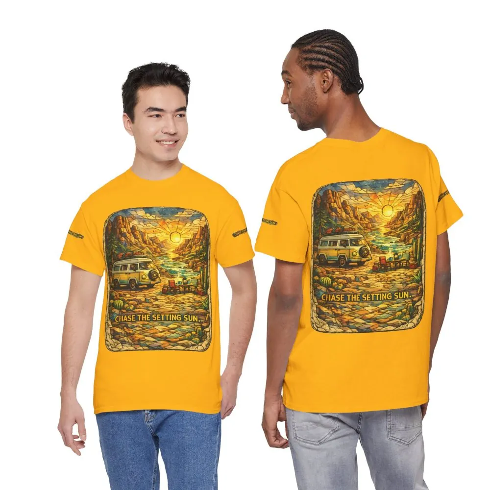 Unisex Heavy Cotton Tee — "Chase The Settings Sun" Design Cubic-Line