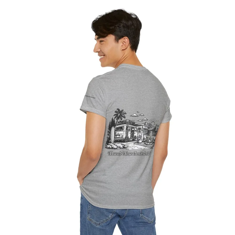 Unisex Heavy Cotton Tee — "Home Is Where You Park It" Design Minimal-Line