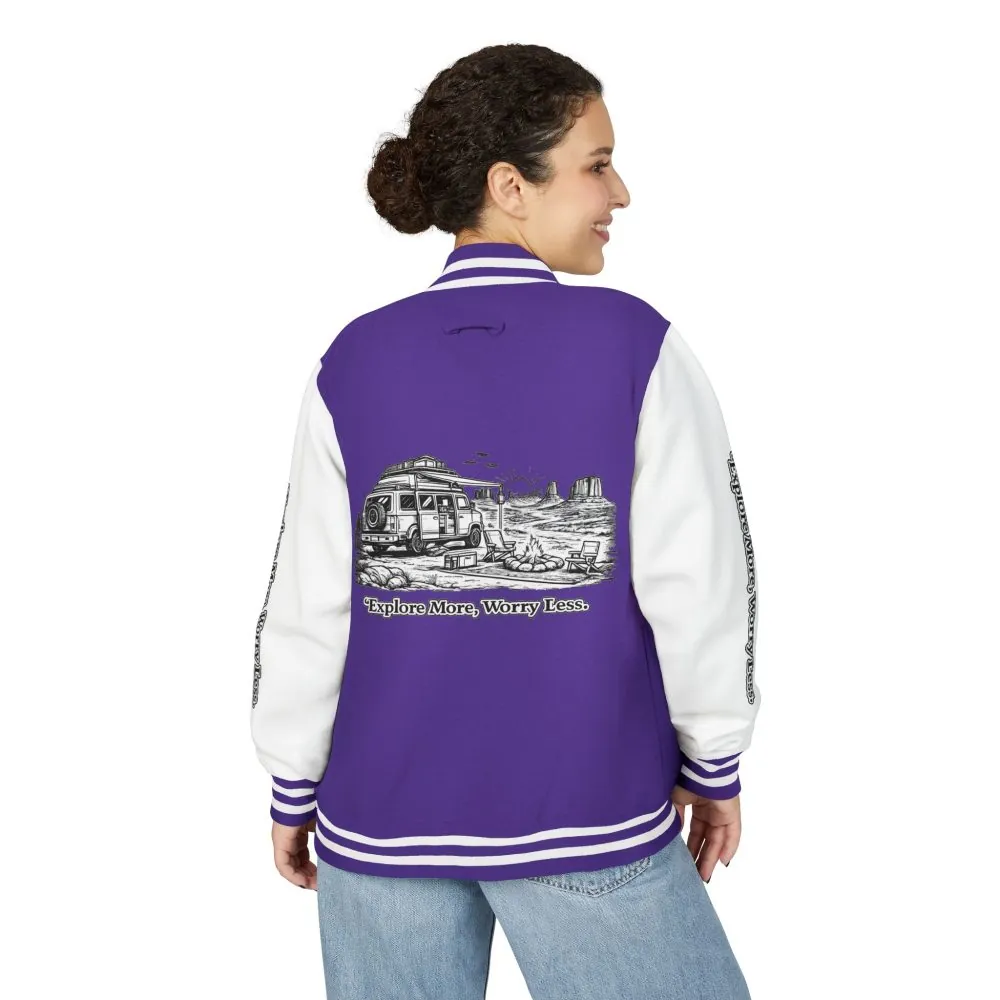 Unisex Heavyweight Letterman Jacket — "Explore More Worry Less" Travel Varsity Coat