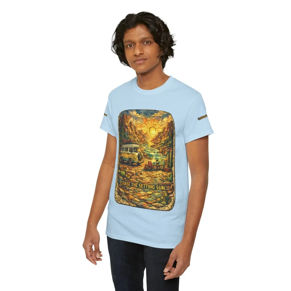Unisex Heavy Cotton Tee — "Chase The Settings Sun" Design Cubic-Line