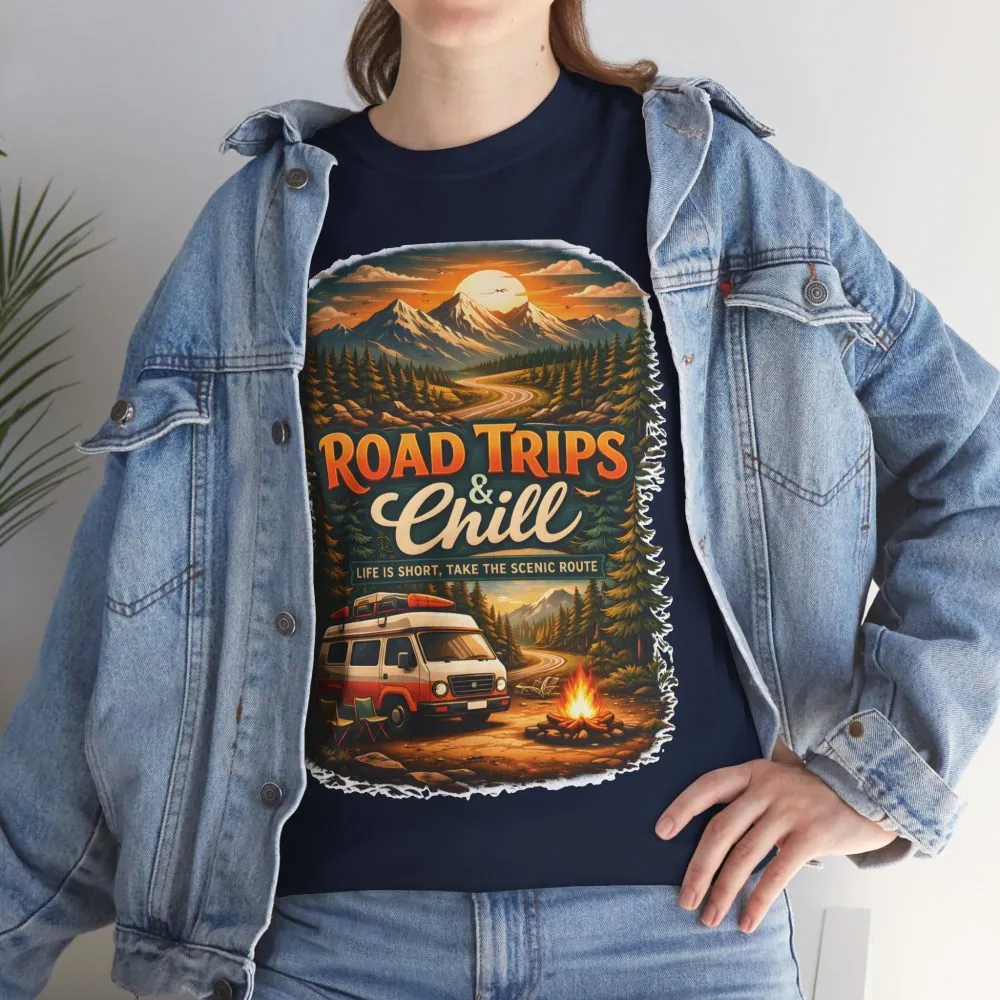 Unisex Heavy Cotton Tee — "Road Trips & Chill" Design Scenic-Line