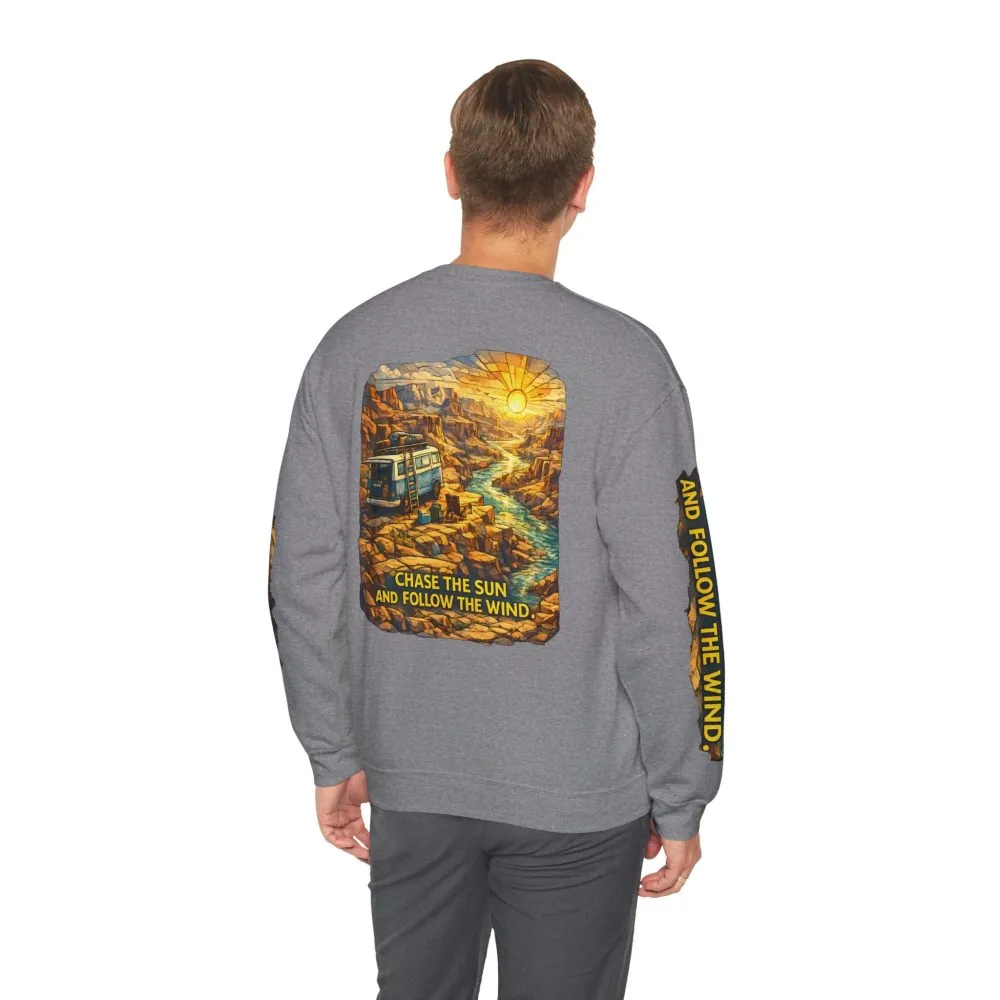 Unisex Heavy Blend™ Crewneck Sweatshirt — "Chase The Sun And Follow The Wind" Design Cubic-Line
