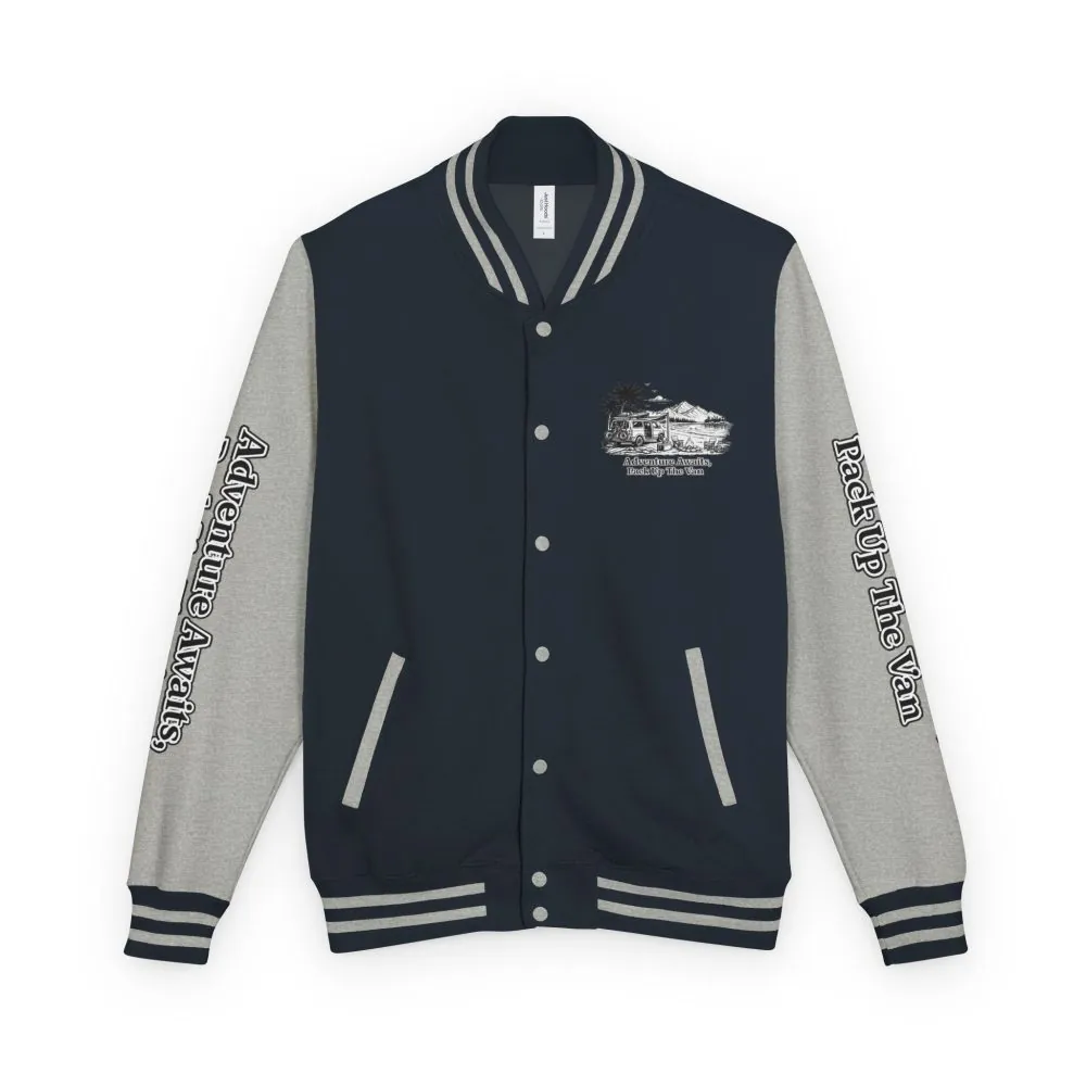 Unisex Heavyweight Letterman Jacket — "Adventure Awaits,Pack Up The Van" Travel Varsity Coat