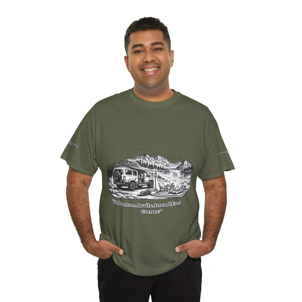 Unisex Heavy Cotton Tee — "Adventure Awaits Around Every Corner" Design Minimal-Line