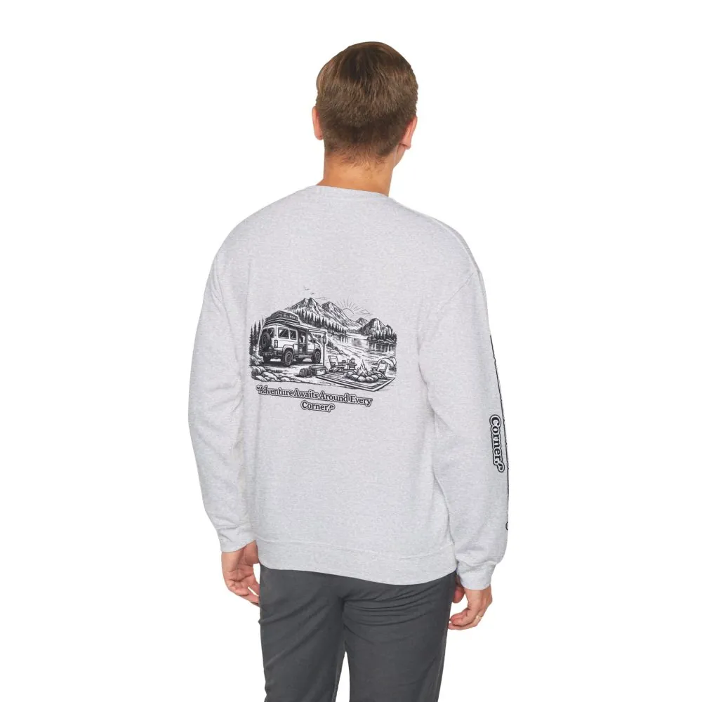 9658767311502838245_2048.jpeg Unisex Heavy Blend™ Crewneck Sweatshirt — "Adventure Awaits Around Every Corner" Design Minimal-Line