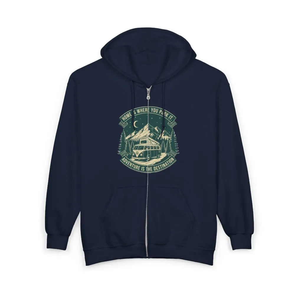 9660979505376945425_2048.jpeg Zip Hoodie — "Home Is Where You Park It-Adventure is the destination"(Front + Back Printed) Camper Van Adventure Zip-Up