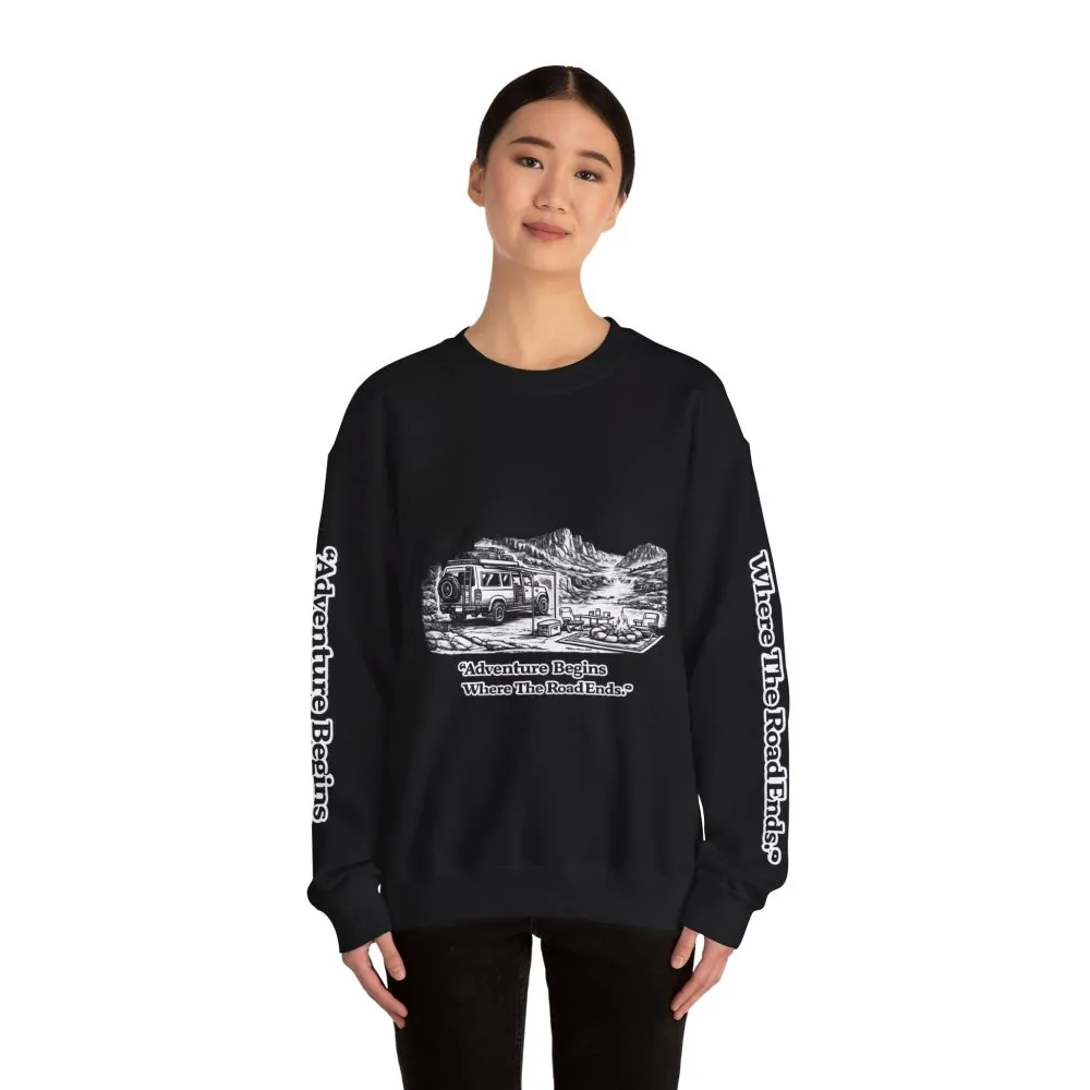 Unisex Heavy Blend™ Crewneck Sweatshirt — "Adventure Begins Where The Road Ends" Design Minimal-Line