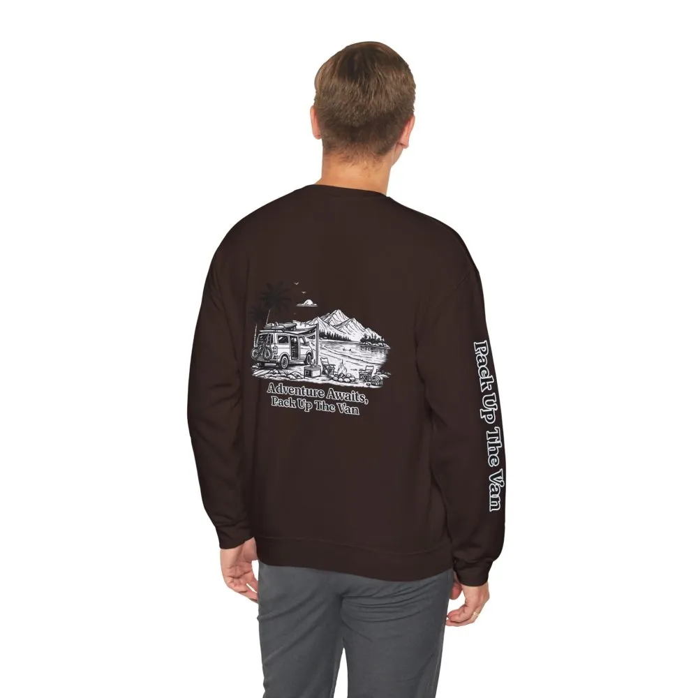 Unisex Heavy Blend™ Crewneck Sweatshirt — "Adventure Awaits,Pack Up The Van" Design Minimal-Line