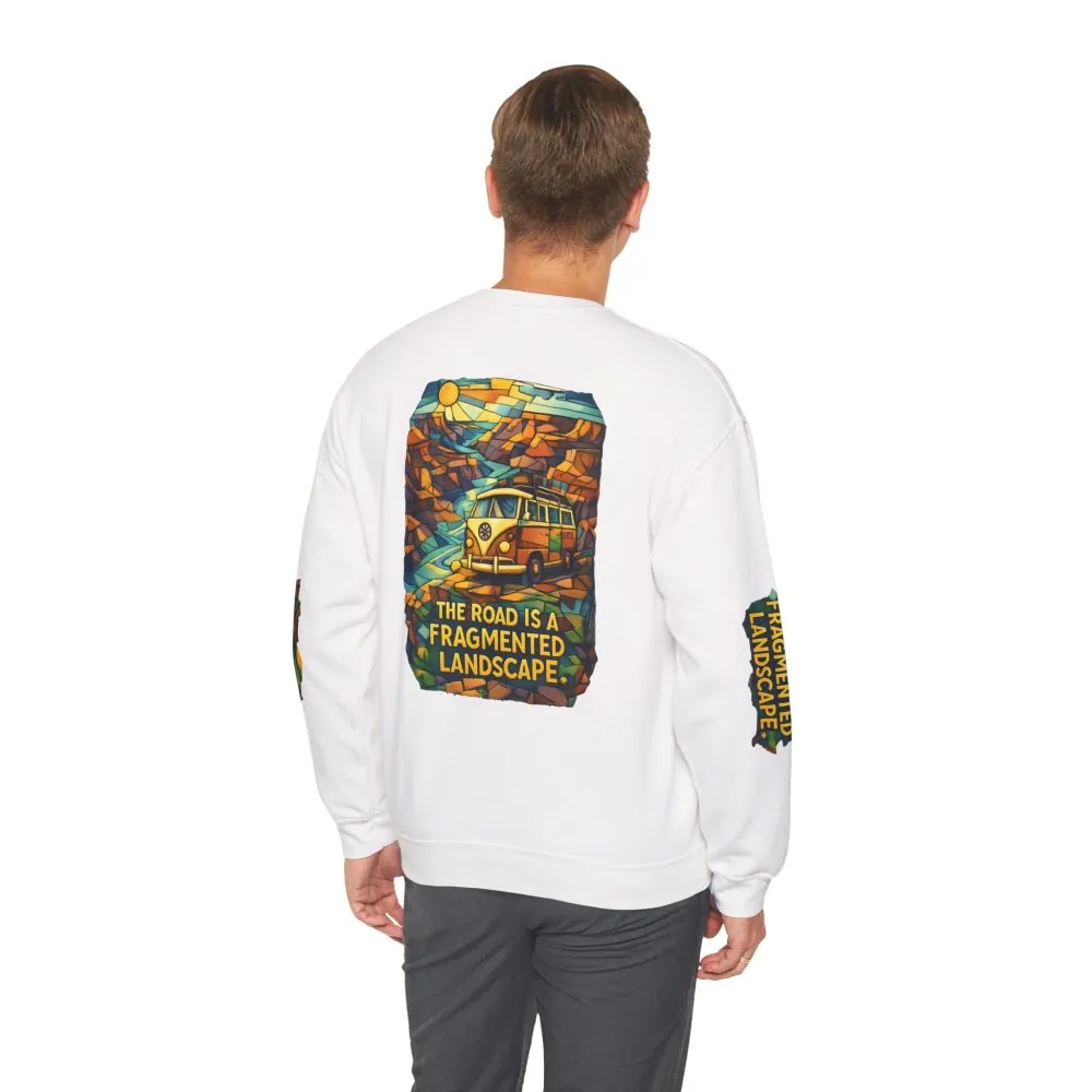 Unisex Heavy Blend™ Crewneck Sweatshirt — "The Road Is A Fragmented Landscape" Design Cubic-Line