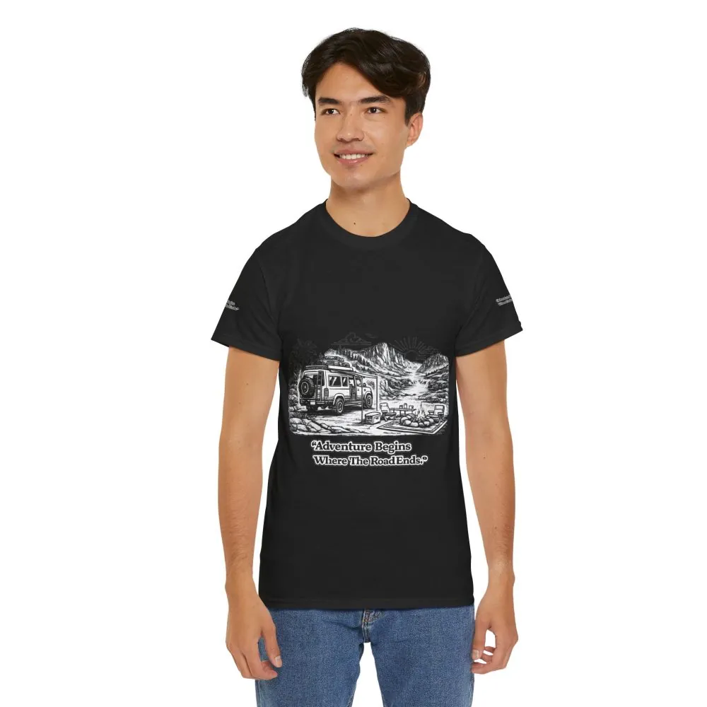 Unisex Heavy Cotton Tee — "Adventure Begins Where The Road Ends" Design Minimal-Line