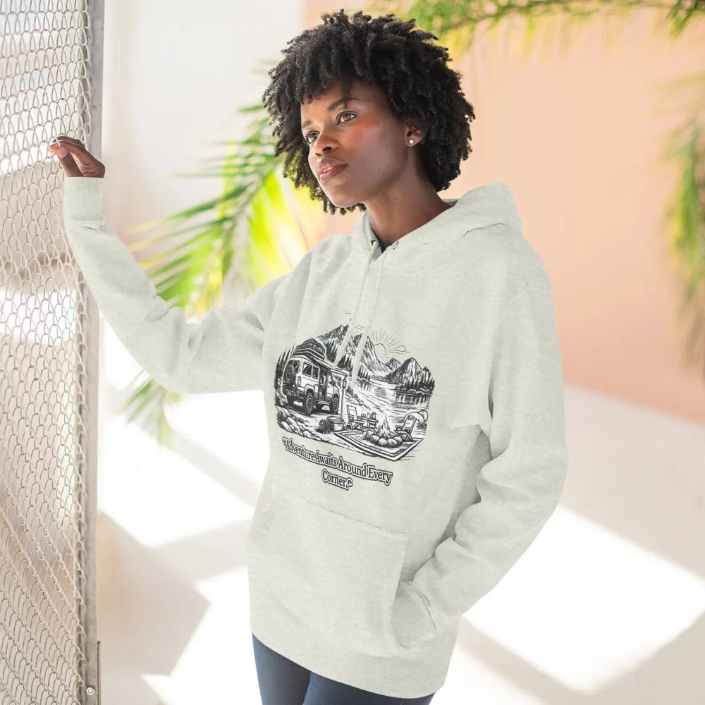 9705585372776386355_2048.jpeg Three-Panel Fleece Hoodie - "Adventure Awaits Around Every Corner" Design Minimal-Line