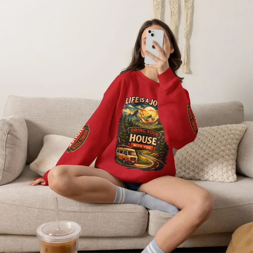 Unisex Heavy Blend™ Crewneck Sweatshirt — "Live Is A Journey-Bring Your House With You" Design Scenic-Line