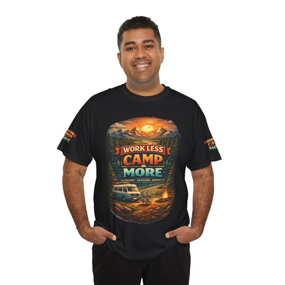 Unisex Heavy Cotton Tee — "Work Less-Camp More" Design Scenic-Line