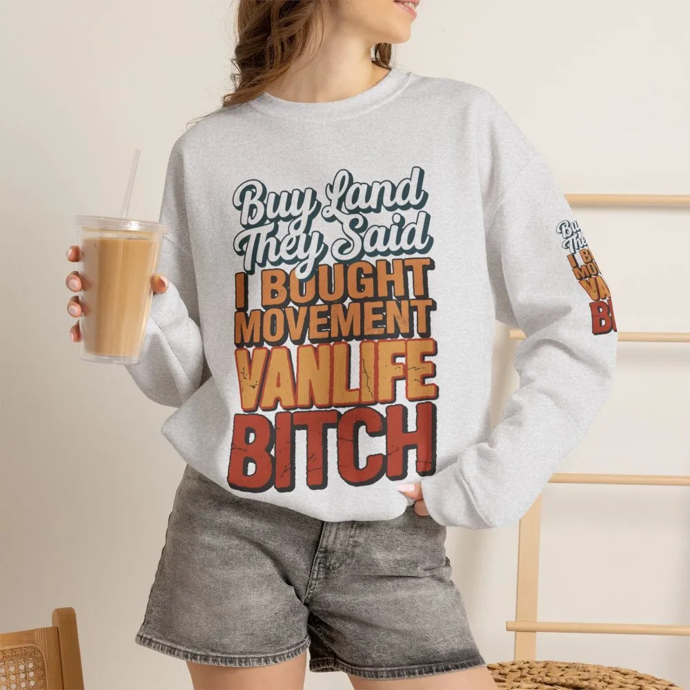 Unisex Heavy Blend™ Crewneck Sweatshirt — "Buy Land They Said" Design F**K-Line