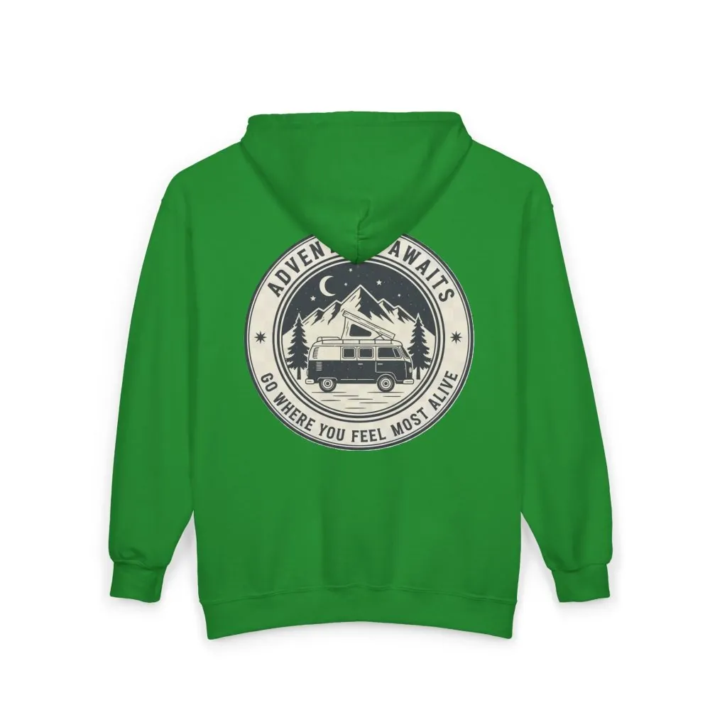 9742246924726041775_2048.jpeg Zip Hoodie — "Adventure Awaits-Go Where You Feel Most Alive" (Only Back Printed) Camper Van Adventure Zip-Up