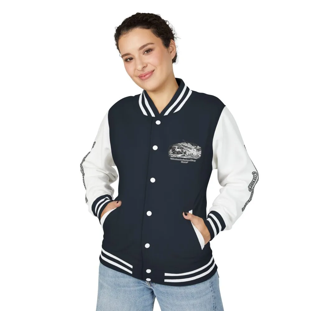 Unisex Heavyweight Letterman Jacket — "Adventure Awaits Around Every Corner" Travel Varsity Coat