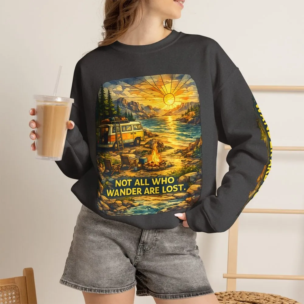 Unisex Heavy Blend™ Crewneck Sweatshirt — "Not All Who Wander Are Lost" Design Cubic-Line
