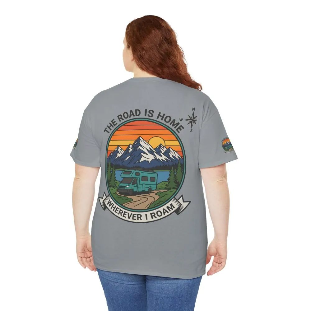 Unisex Heavy Cotton Tee  — 'The Road Is Home, Wherever I Roam' Retro Camper Tee