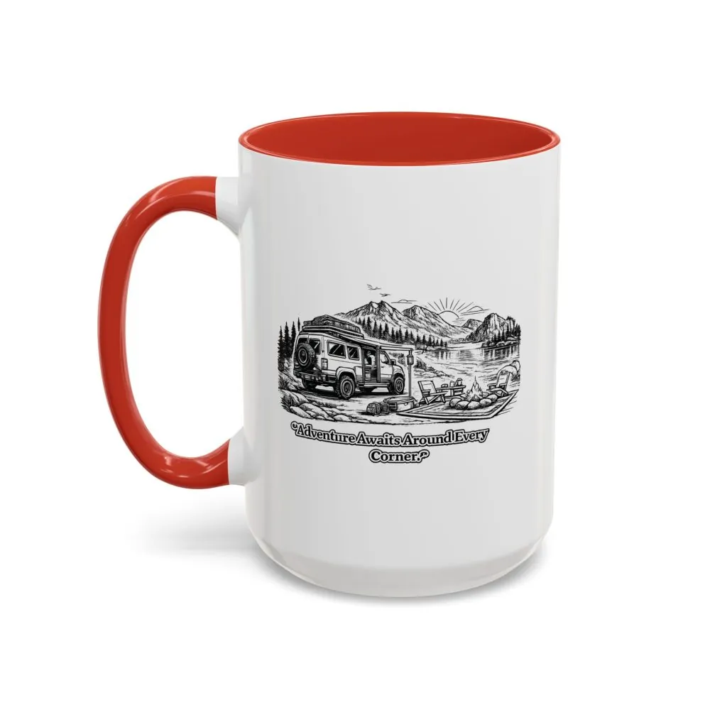 9776700907444058587_2048.jpeg Accent Coffee Mug (11, 15oz) — "Adventure Awaits Around Every Corner" Design Minimal-Line