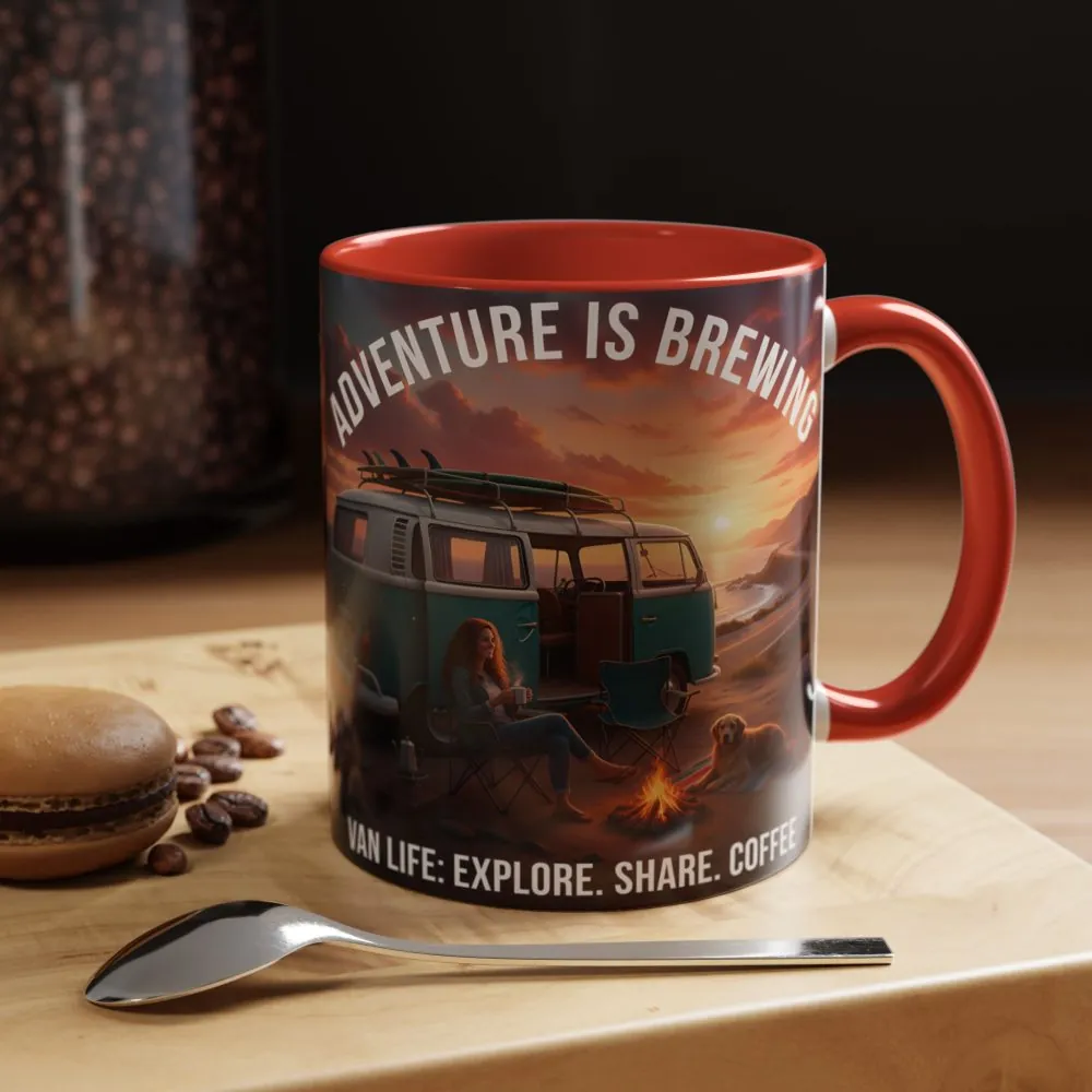 Accent Coffee Mug (11, 15oz) — "Adventure is brewing"