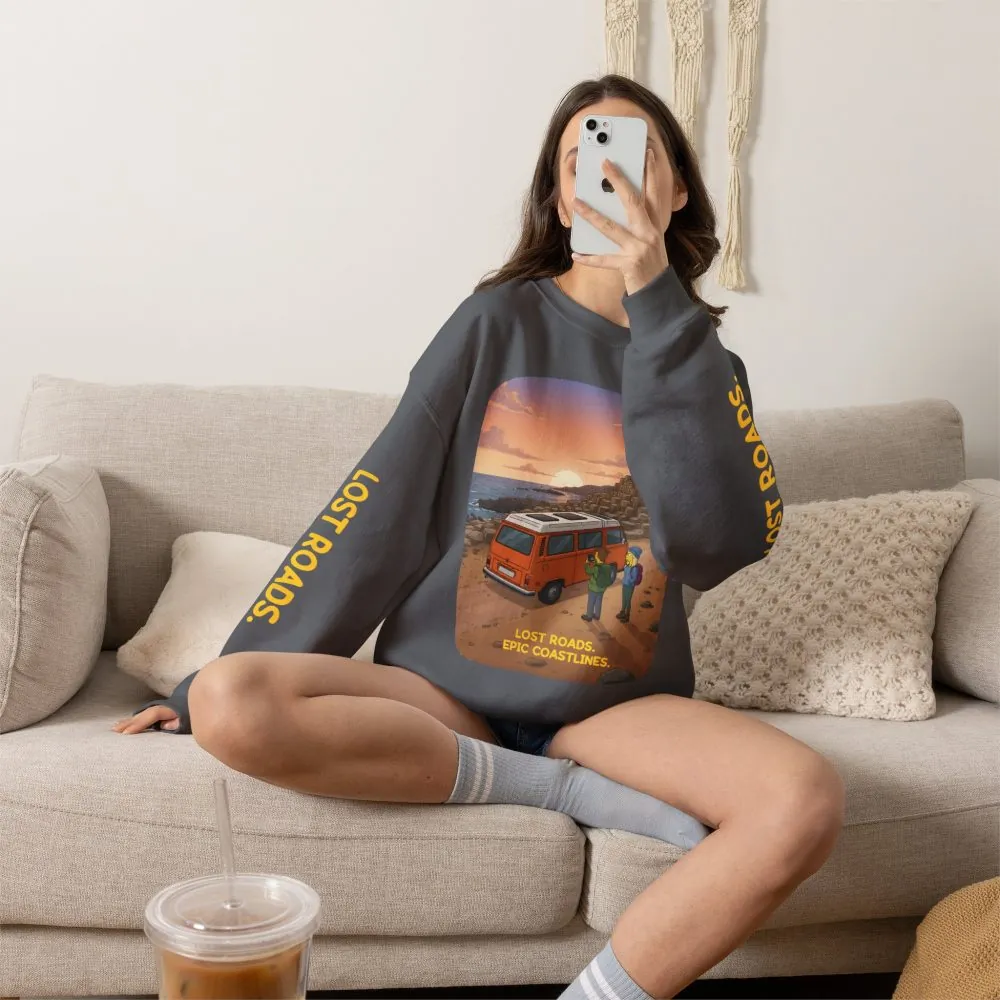 Unisex Heavy Blend™ Crewneck Sweatshirt — "Lost Roads Epic Coastlines" Design Sitcom-Line