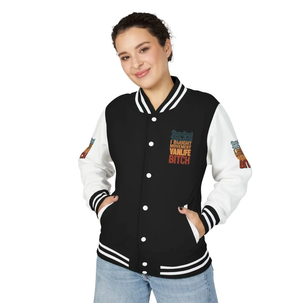 9779036590051143736_2048.jpeg Unisex Heavyweight Letterman Jacket — "Buy Land They Said" Design F**K-Line
