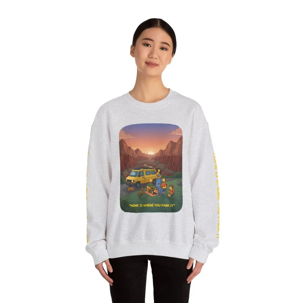 Unisex Heavy Blend™ Crewneck Sweatshirt — "Home Is Where You Park It" Design Sitcom-Line