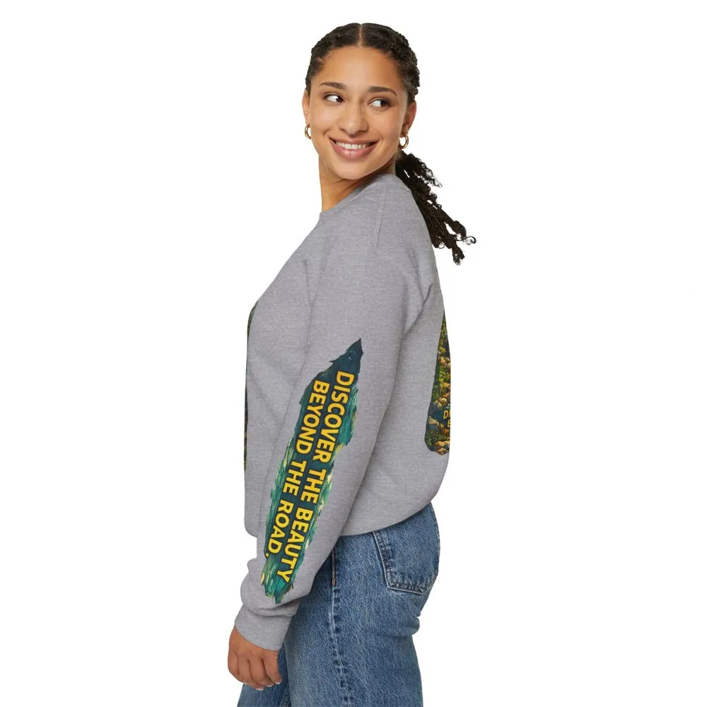 Unisex Heavy Blend™ Crewneck Sweatshirt — "Discover The Bieuty Beyond The Road" Design Cubic-Line