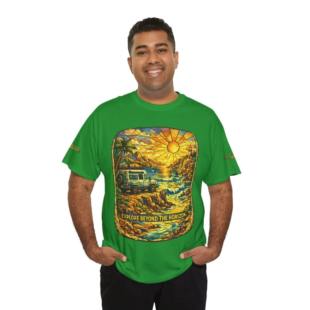 Unisex Heavy Cotton Tee — "Explore Beyond The Horizon" Design Cubic-Line