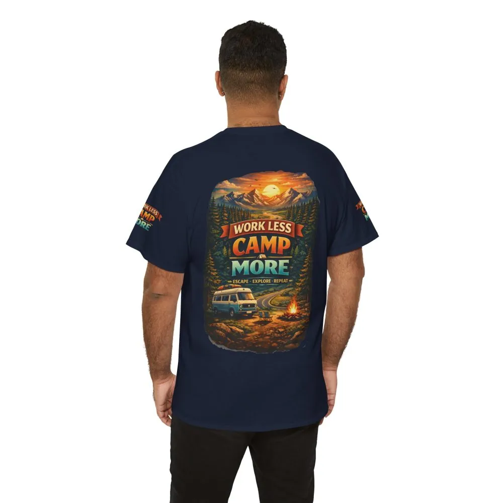 Unisex Heavy Cotton Tee — "Work Less Camp More" Design Scenic-Line