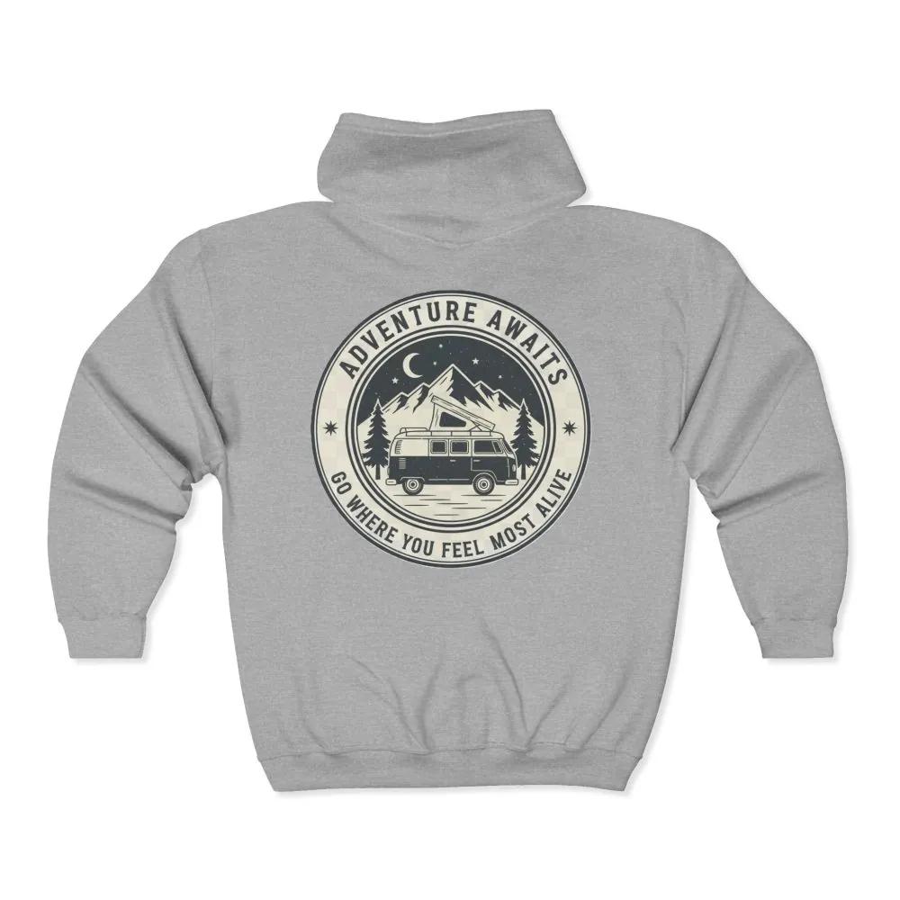 980031147319126771_2048.jpeg Zip Hoodie — "Adventure Awaits-Go Where You Feel Most Alive" (Only Back Printed) Camper Van Adventure Zip-Up