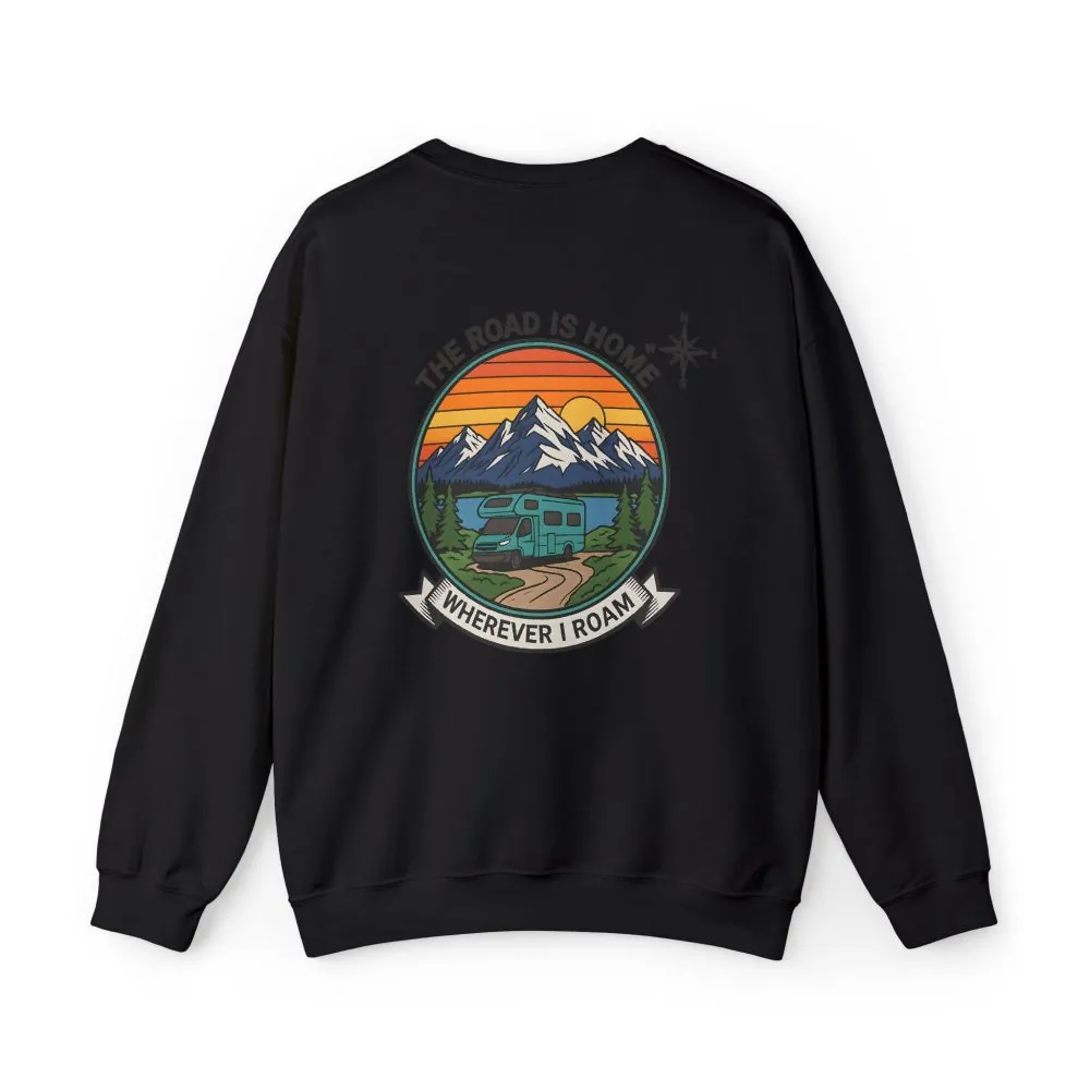 Crewneck Sweatshirt — "The Road Is Home" RV Camper Mountain Adventure