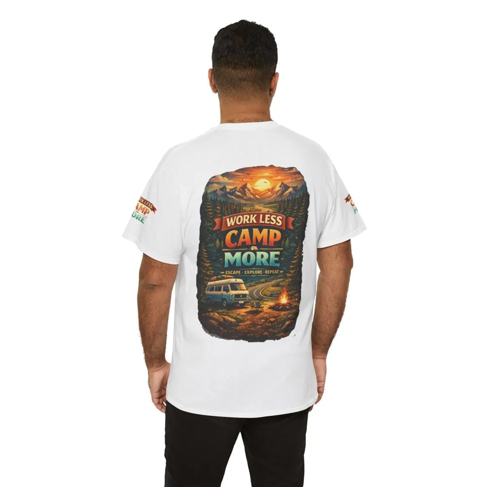 Unisex Heavy Cotton Tee — "Work Less Camp More" Design Scenic-Line