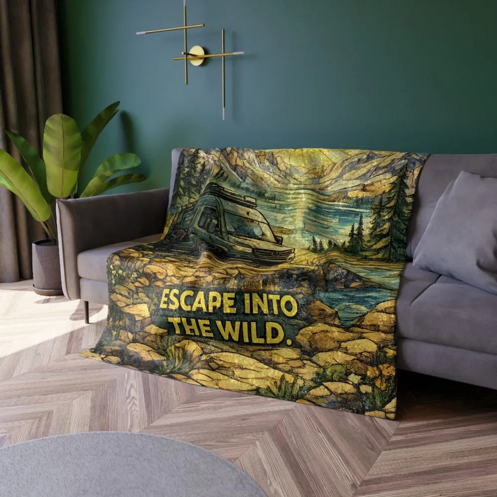 Crushed Velvet Blanket —"Escape Into The Wild" Design Cubic-Line(Campervan)
