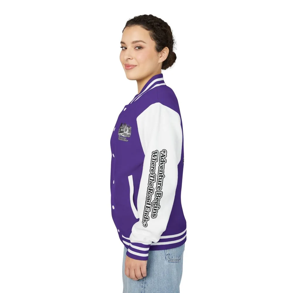 Unisex Heavyweight Letterman Jacket — "Adventure Begins Where The Road Ends" Travel Varsity Coat