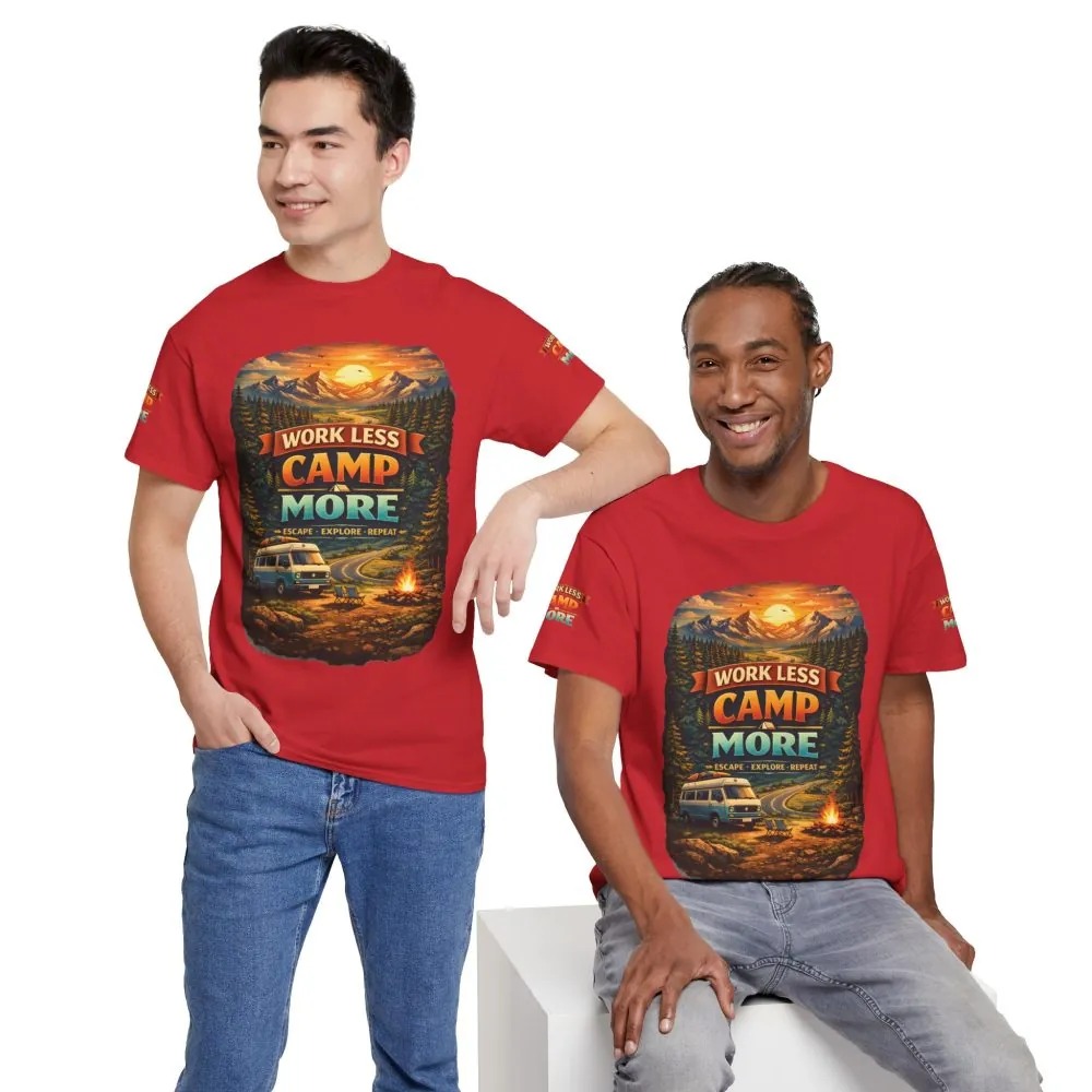 Unisex Heavy Cotton Tee — "Work Less Camp More" Design Scenic-Line
