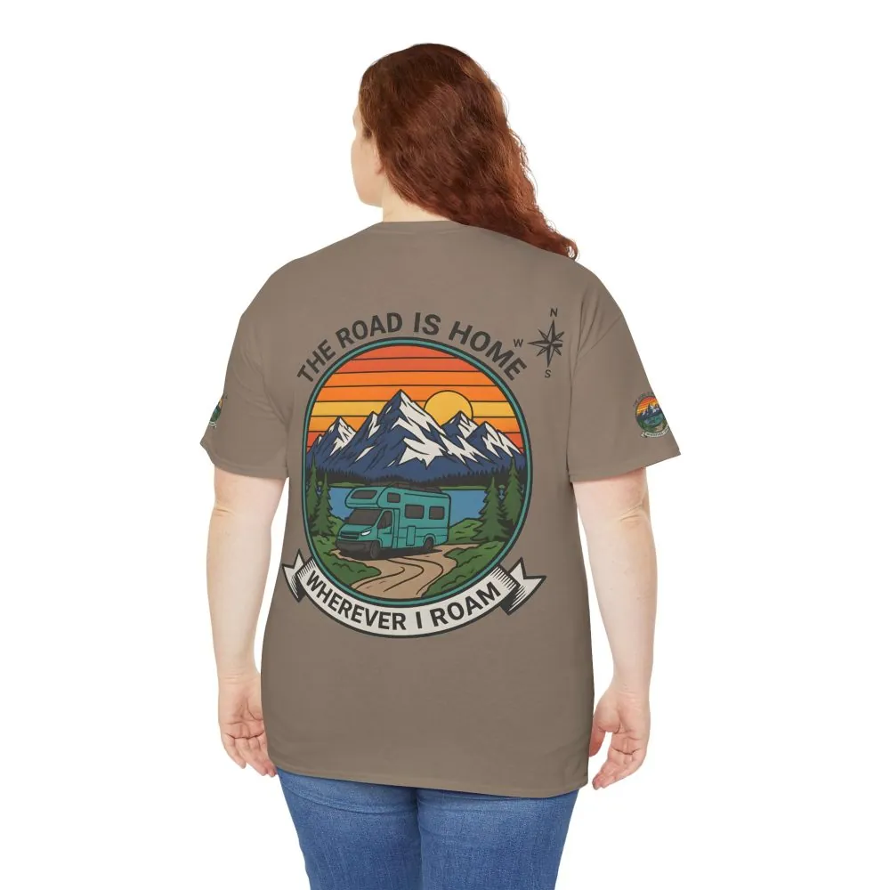 Unisex Heavy Cotton Tee  — 'The Road Is Home, Wherever I Roam' Retro Camper Tee
