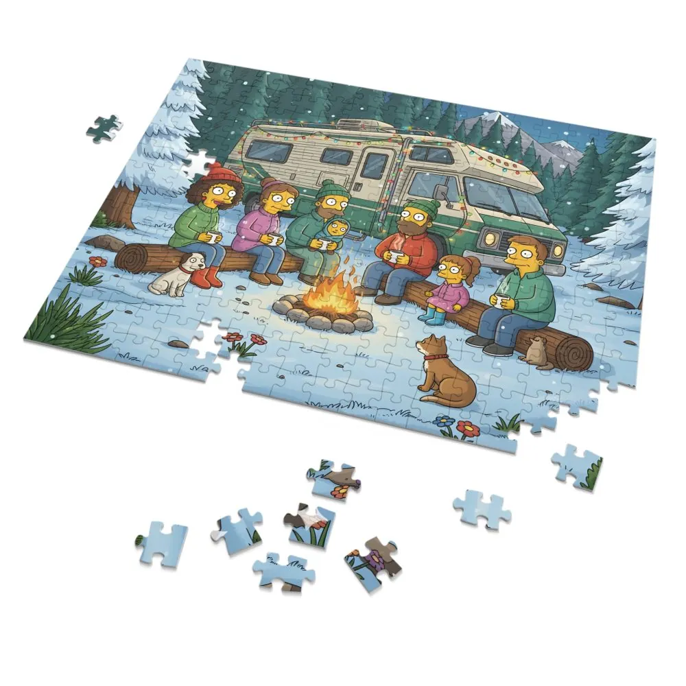 Jigsaw Puzzle with Tin — Cozy RV Winter Scene with Campfire