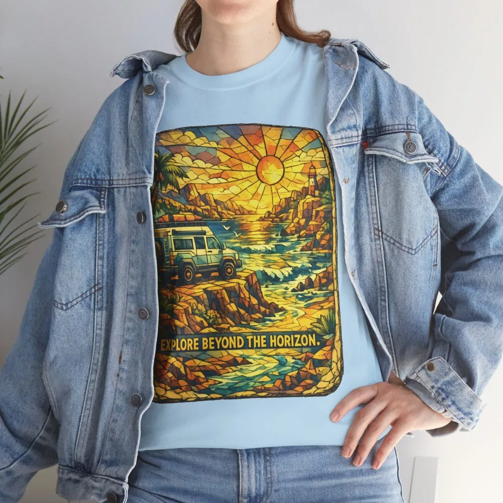 Unisex Heavy Cotton Tee — "Explore Beyond The Horizon" Design Cubic-Line