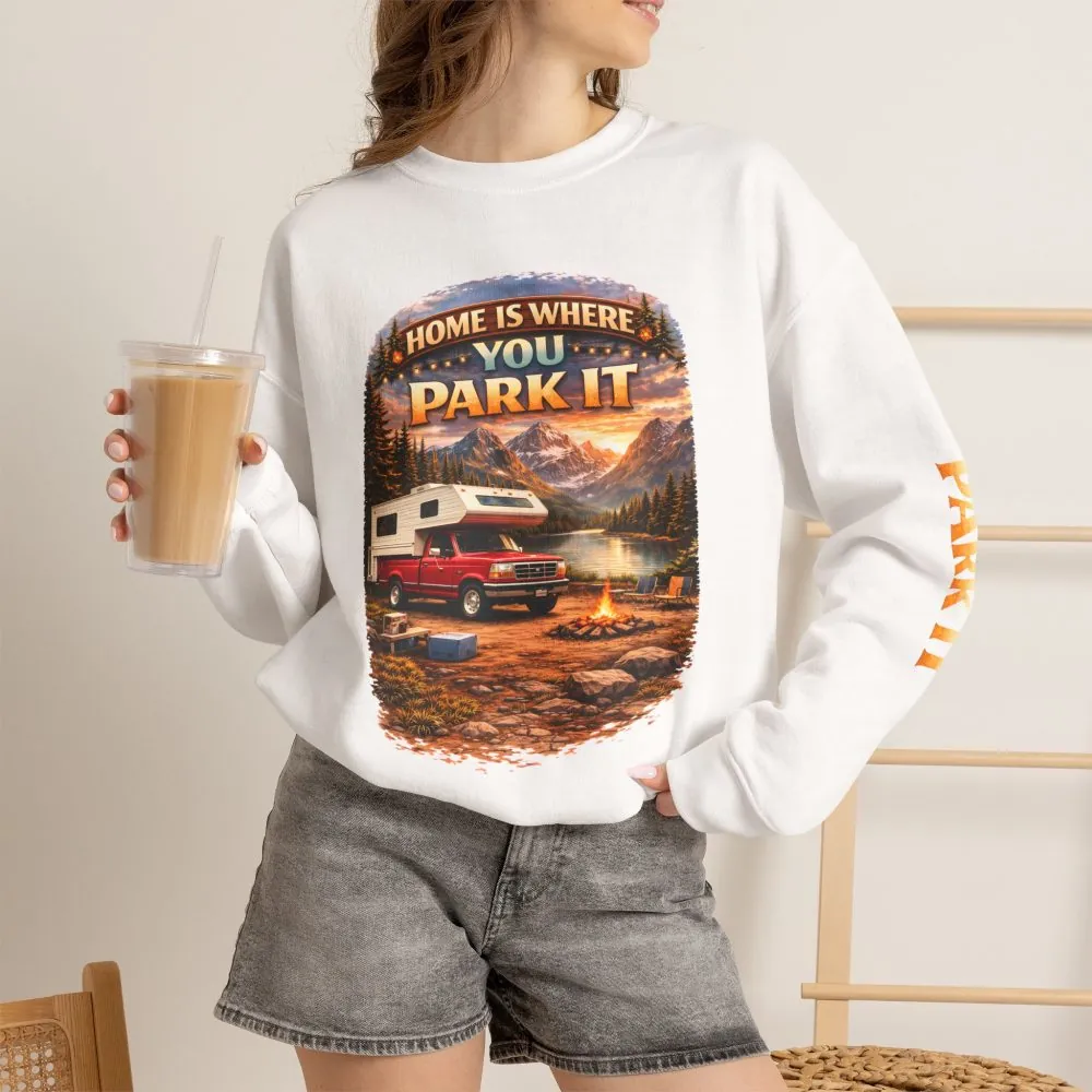 Unisex Heavy Blend™ Crewneck Sweatshirt — "Home Is Where You Park It" Design Scenic-Line