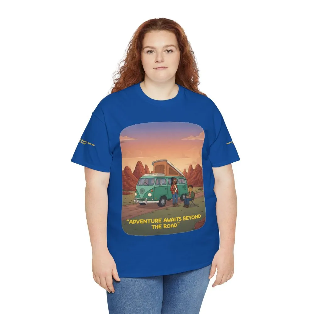 Unisex Heavy Cotton Tee — "Adventure Awaits Beyond The Road" Design Sitcom-Line