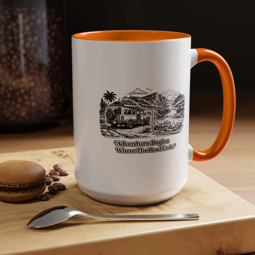 Accent Coffee Mug (11, 15oz) — "Adventure Begins Where The Road Ends" Design Minimal-Line