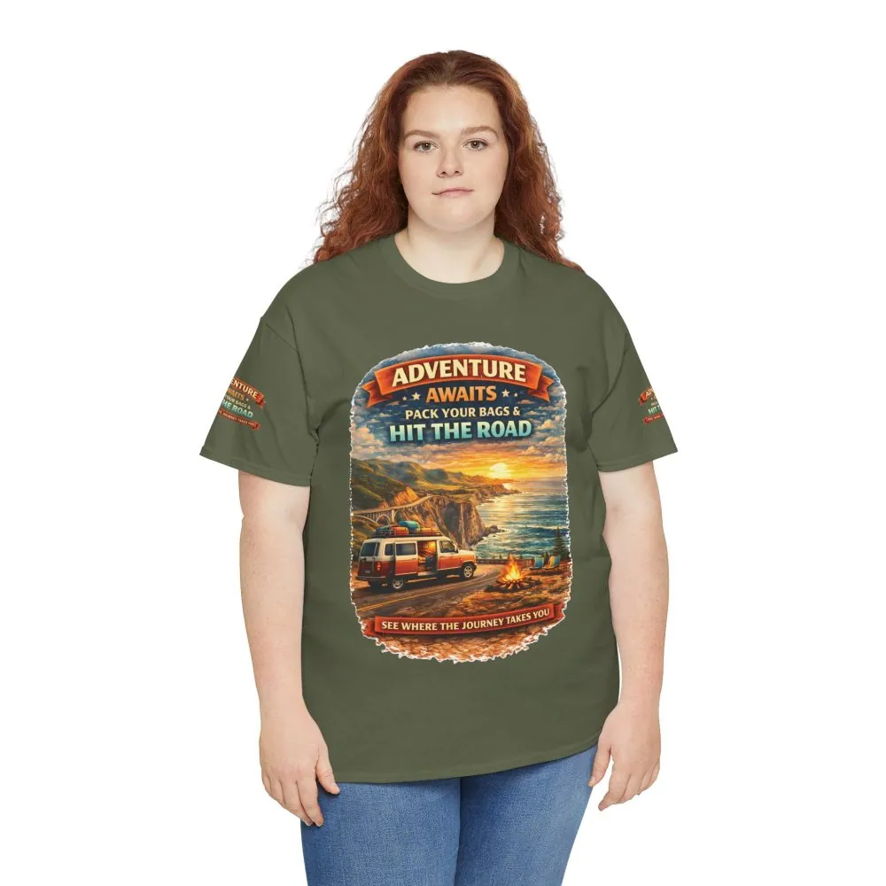 Unisex Heavy Cotton Tee — "Adventure Awaits-Pack Your Bags" Design Scenic-Line