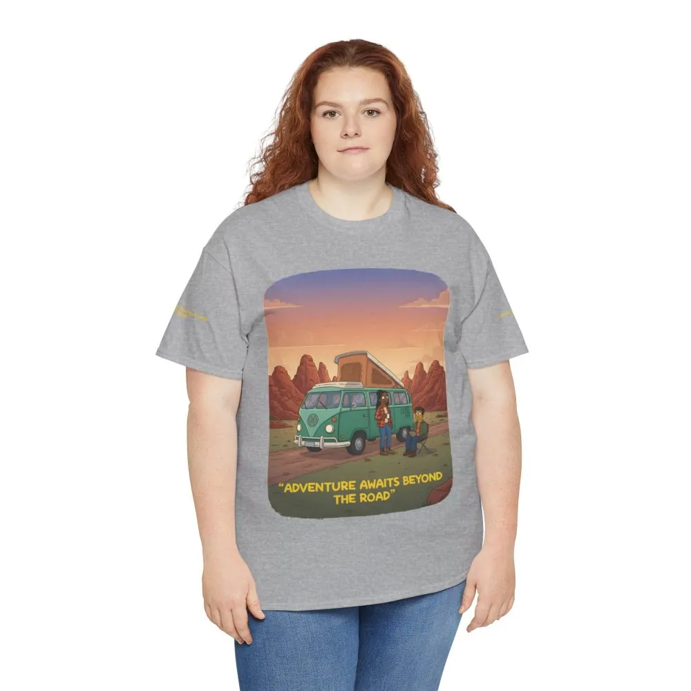 Unisex Heavy Cotton Tee — "Adventure Awaits Beyond The Road" Design Sitcom-Line