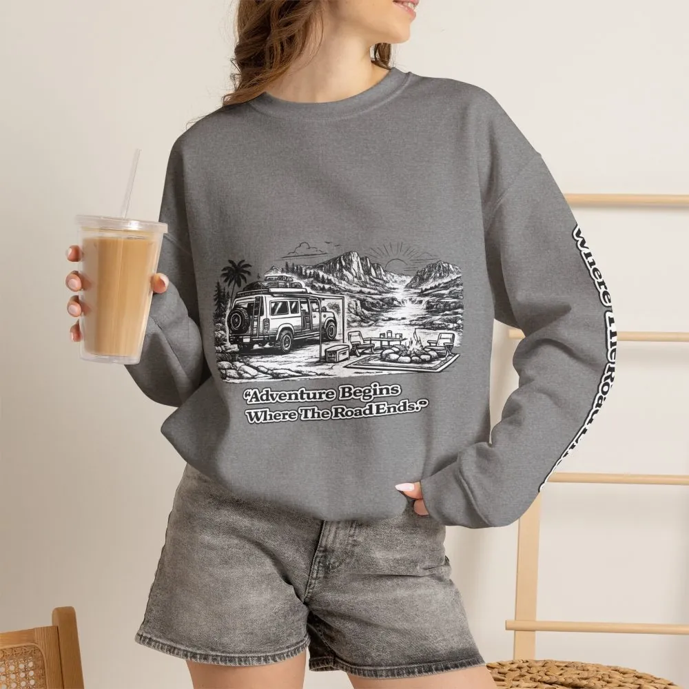 Unisex Heavy Blend™ Crewneck Sweatshirt — "Adventure Begins Where The Road Ends" Design Minimal-Line